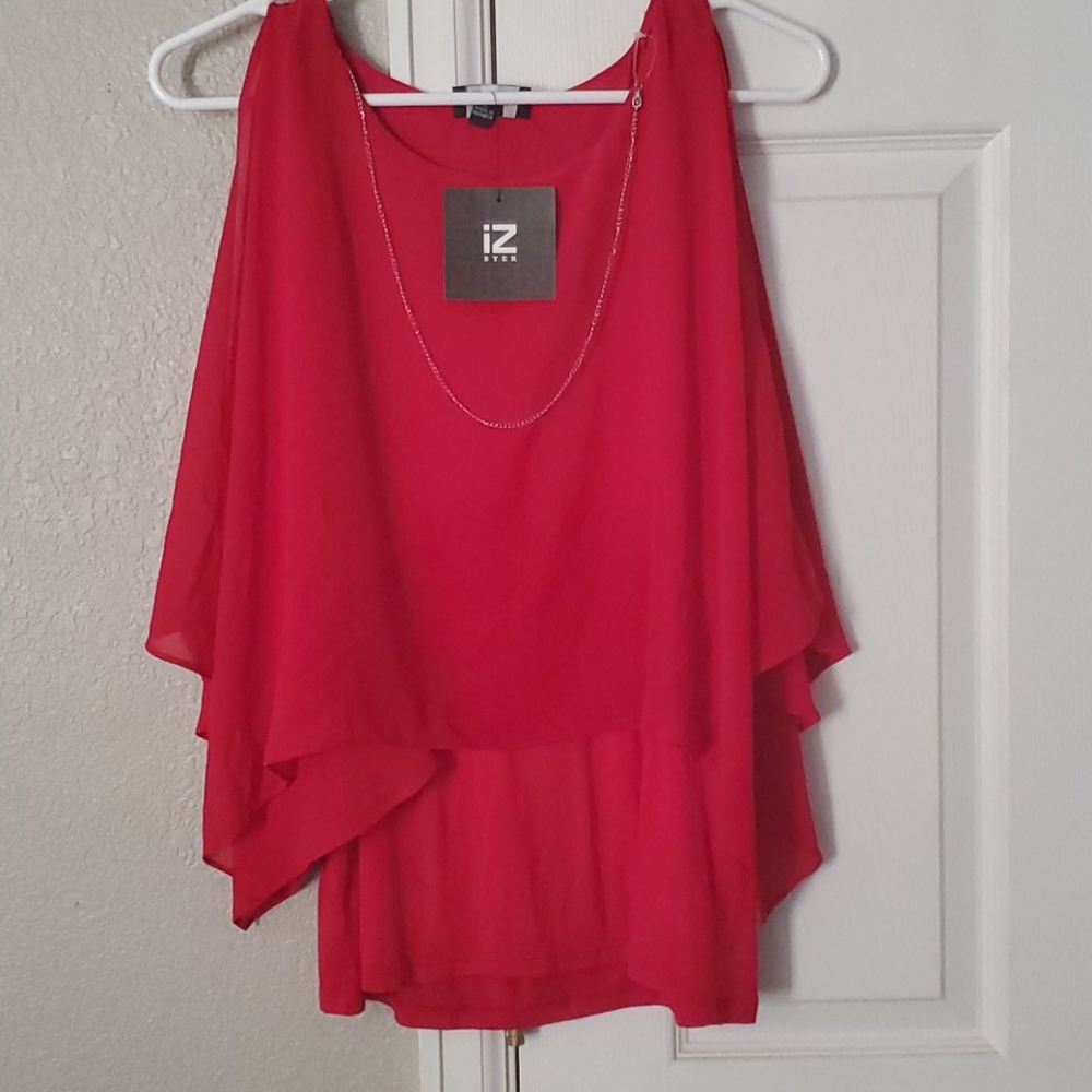 NWT IZ Byer Red Batwing Cold Shoulder Top